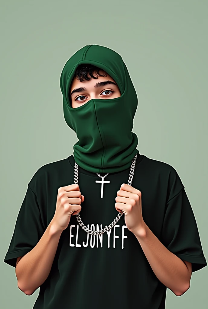 Create me a logo of a teenage rapper with a green balaclava and a black shirt slipping a silver chain with a cross pendant around his neck with his hands and underneath it saying ElJONYFF in capital letters 
