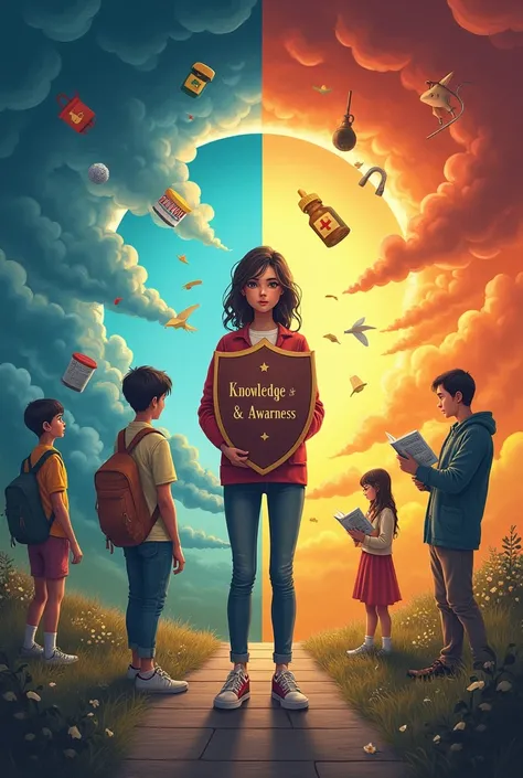 Create a landscape poster or easy drawing showing a Grade 10 beautiful woman student standing in the center, holding a shield labeled Knowledge & Awareness, protecting their family behind them. On the left side, depict the symbols of quackery such as fake ...