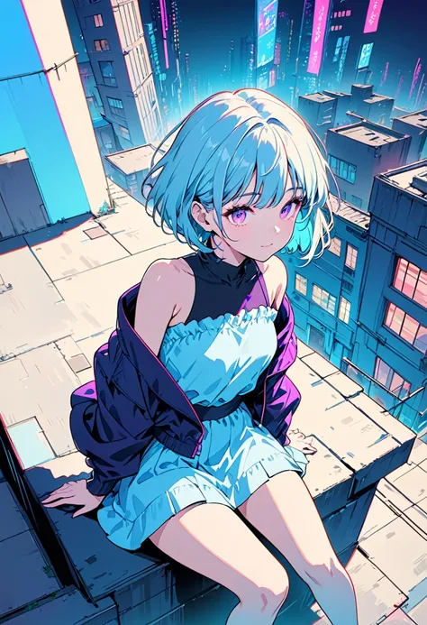 masterpiece,Highest quality,1 Synthwave style girl,Blue outline,Neon lit street,Blue fluorescent paint,alone,From above,Cowboy Shot,Sitting on the roof of a building,Highly detailed CG,Flat Color,Limited edition palette,No Line Art,silhouette,Partially col...