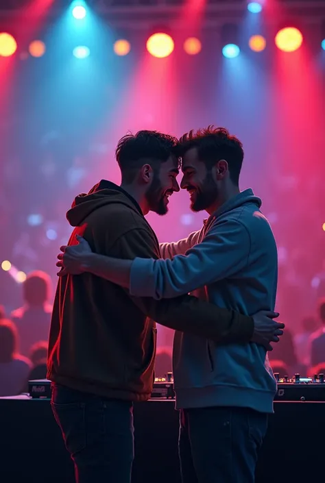 Two male DJ friends hugging each other not so close together at a concert seen from the front with a microphone in hand 