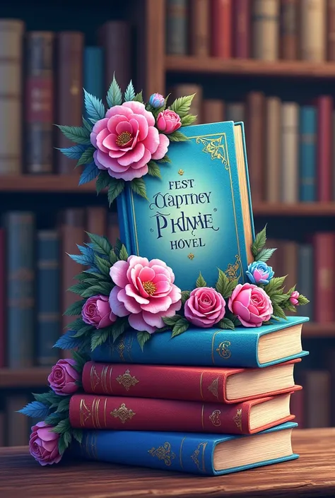 A colorful book display featuring three fantasy novels arranged on a decorative bookshelf. The top book, around the book is filled by pink and blue flowers. Below it, are also adorned with floral accents. The shelves are filled with various books, creating...