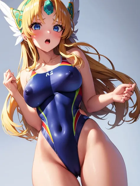  (White background, 1girl:1.4), BREAK,Long blonde hair, blue eyes,Narrow waist,voluptuous Breasts,(one-piece competitive swimwear,one-piece competition swimsuit:1.6), blush,Open your mouth,(covered nipples:1.2)