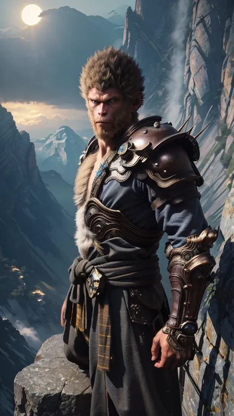 (((best quality))),(((Super detailed))),(((masterpiece))),illustration,sun wukong (Black Legend),Determined face,yeux brillants,staff en or,vêtu dune armure cyberpunk de pointe,Mountain cliff,sunbathing,nuages brumeux,photo en gros plan,Heroic posture