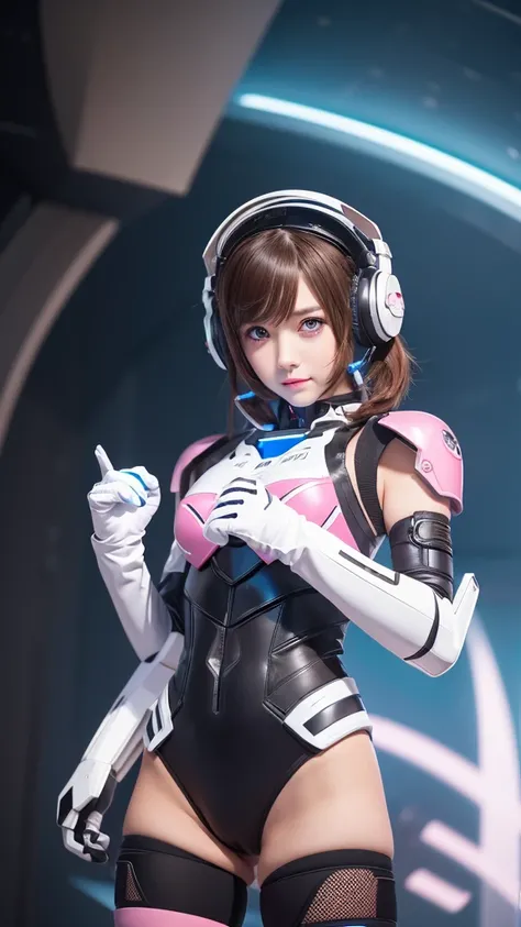 masterpiece, Highest quality, High resolution, One girl, Super High resolution, alone, Mecha Pilot, is.and, Headphones, Pink Eyes, Blue tights, Brown Hair, White gloves, Cat face decoration,