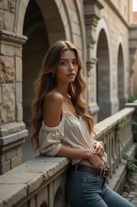 “A beautiful rusian woman with long, wavy hair leaning on a stone railing in front of an ancient stone building with archways. The setting should have detailed stonework and a rustic, historical ambiance, akin to medieval or old architecture. The person sh...