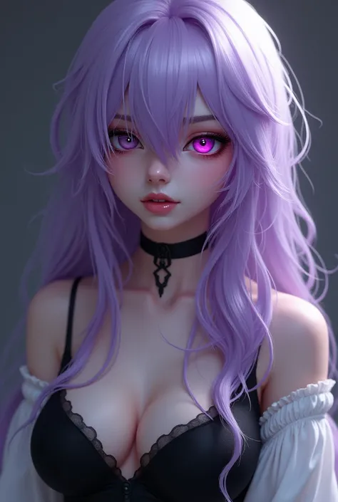 A beautiful woman with light violet hair, magenta eyes and a black cornea on her left eye. Beautiful. Her hair covers the left part of her eye, she wears black clothes and white sleeves. Her breasts are big 