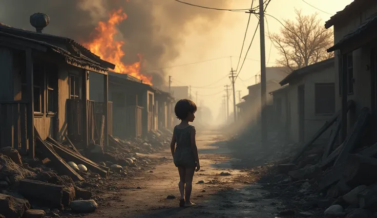 There must be houses destroyed by fire and the child in the middle realistically