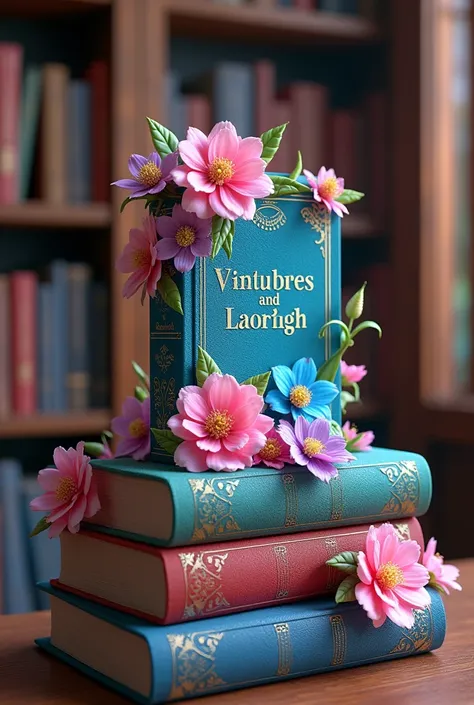 A colorful book display featuring three fantasy novels arranged on a decorative bookshelf. The top book, around the book is filled by pink and blue flowers. Below it, are also adorned with floral accents. The shelves are filled with various books, creating...