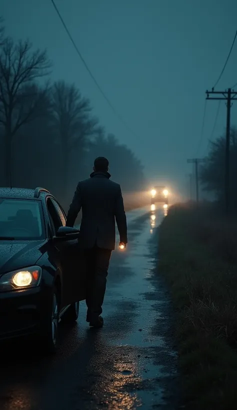 Man gets out of car in deserted country place in rain in middle of night holding flashlight