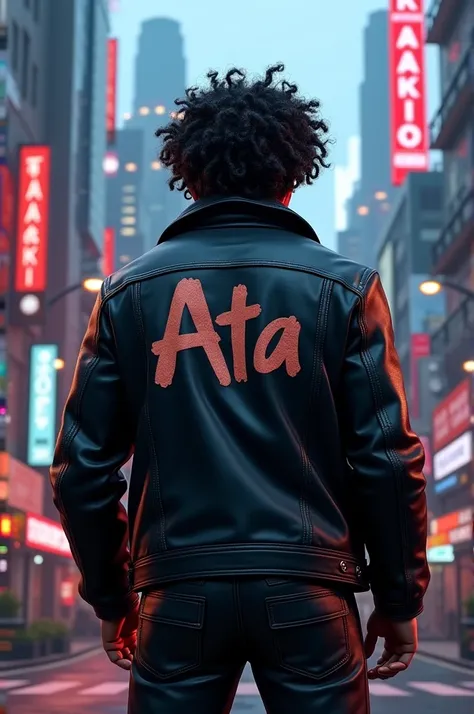 A curly haired gangster with the name ATA written on his back facing the city of Tokyo 3D animation
