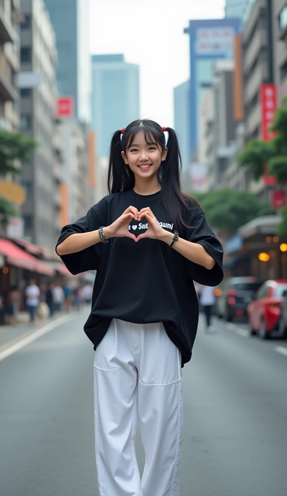 Hyper realistic photography, a beautiful korean girl, "Twintails black hair", was standing on the side of the road, both hands form love, wearing a black oversize t-shirt with writing "I love Sukabumi", wearing white pants, wearing white compass shoes, hap...