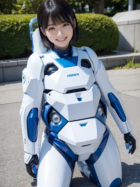 Japanese female android,Black Hair,White and blue robot suit,Plump,Drinking water from a water bottle in the park,smile