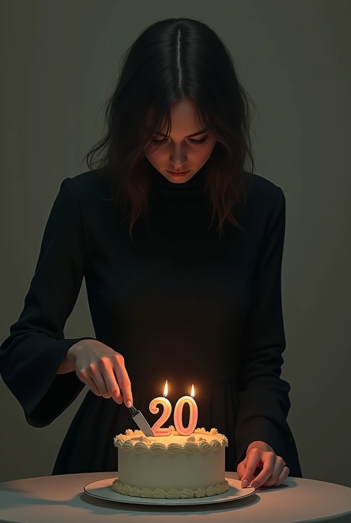 The along women celebrate his birthday along and his cutting a cake with small knife and his face full of sadness (alone). On the cake 20 letter number candle and his waring a black dress with full sleeve hand and covered neck 