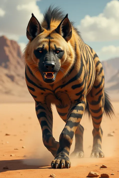 A large desert animal somewhat resembling a hyena, in black and brown stripes