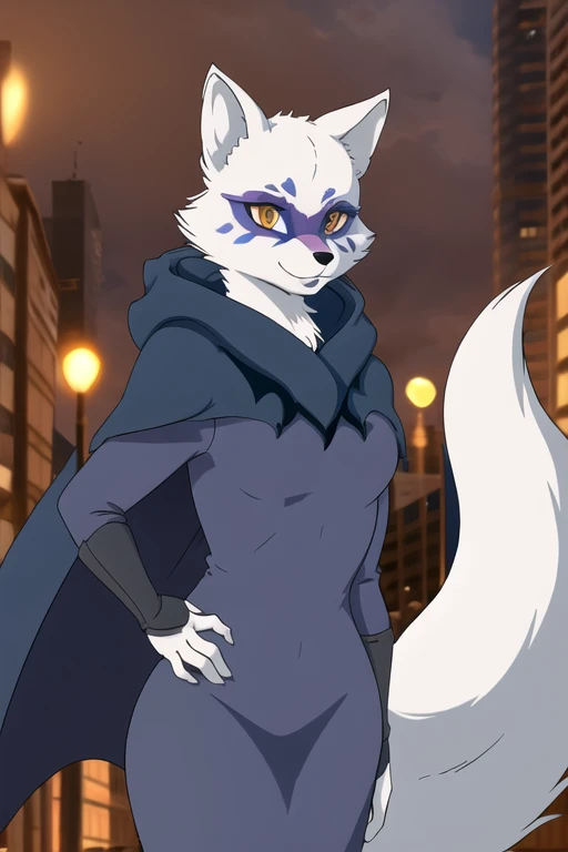 Alopex, arctic fox, furry, blue marks face, tmnt, smile, orange eyes, girl1, solo, city, cape, cloak, Kunoichi Outfit, best quality, masterpiece, standing