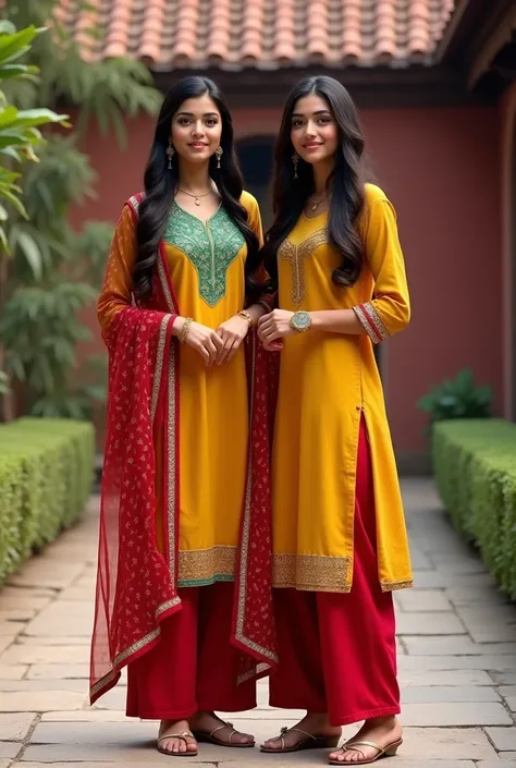 (photorealism:1.2), beautiful 2 girl face like kajal agraval, wears the vibrant traditional Indian outfit against a backdrop of a red-brick building with a tiled roof. The outfit is a beautiful combination of a yellow kurta adorned with minimalistic embroi...