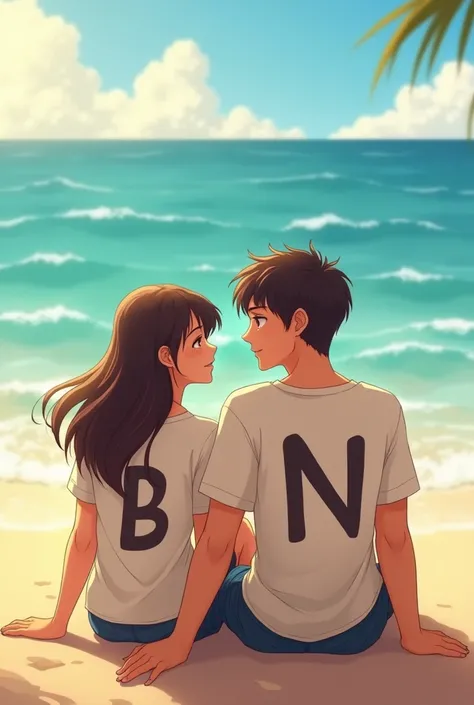 a girl that has letter B on the back of her t-shirt is sitting at the beach while smiling to each other with a boy that has letter N on the back of his t-shirt