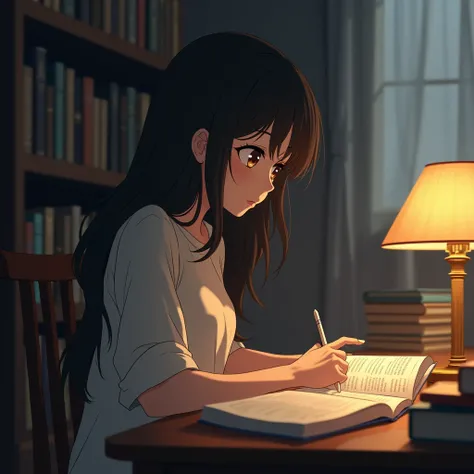 A beautiful girl studying in her study room in anime style  at night ... She is sitting beside lamp.... Her side profile 