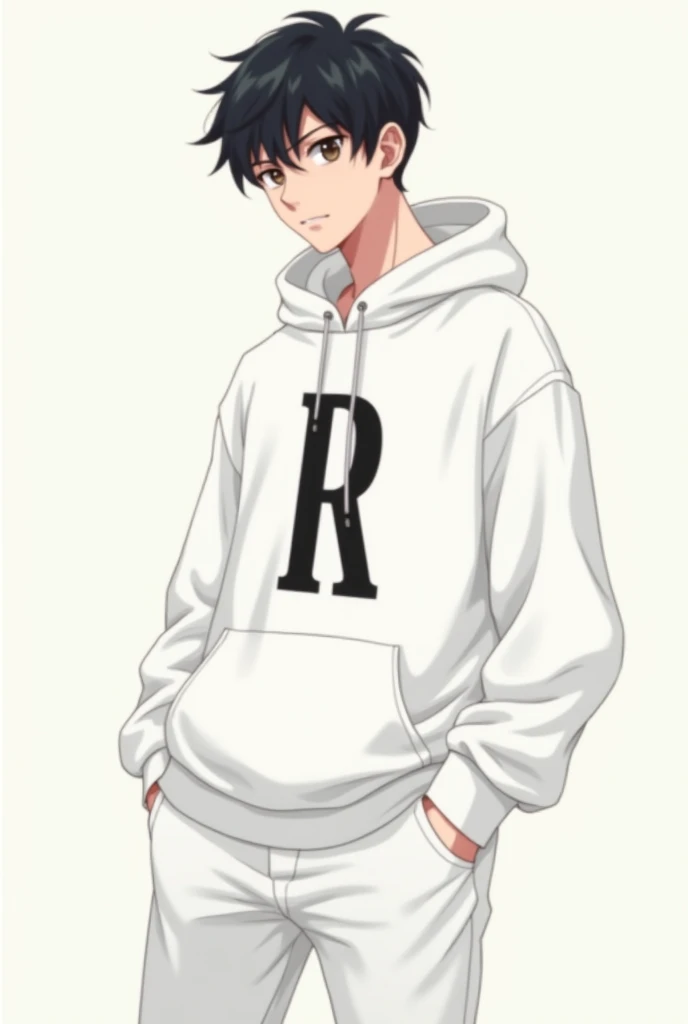 A boy in white hoodie with white pant anime adult written r in black colour in hoodie