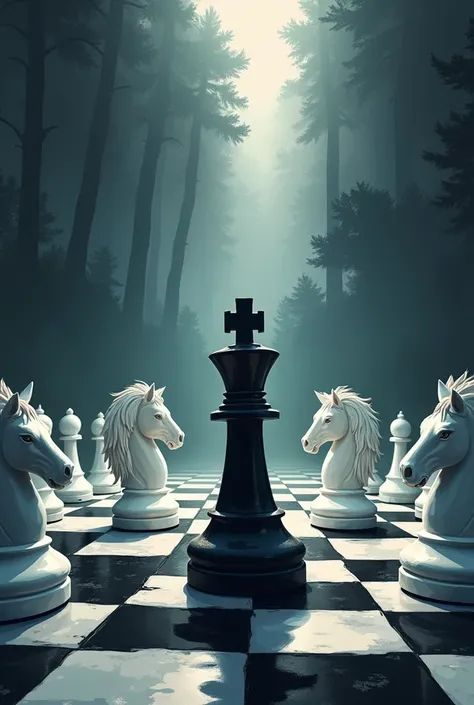 3 white pawns vs 1 black knight on chessboard easethetic/epic 4x5 poster. Focus on the knight. Knight is trapped