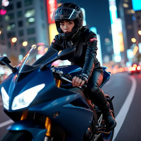 beautiful Japanese girl, Riding on a super cool sport motorcycle, at highway in metropolitan at night, high speed, dramatic scene, masterpiece, face focus,  beautiful eyes, Honda bike, Shoei helmet, professional racers outfits, Adios gesture, shoot from si...