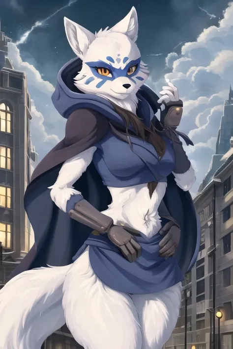 Alopex, arctic fox, furry, blue marks face, tmnt, smile, orange eyes, girl1, solo, city, cape, cloak, Kunoichi Outfit, best quality, masterpiece, standing