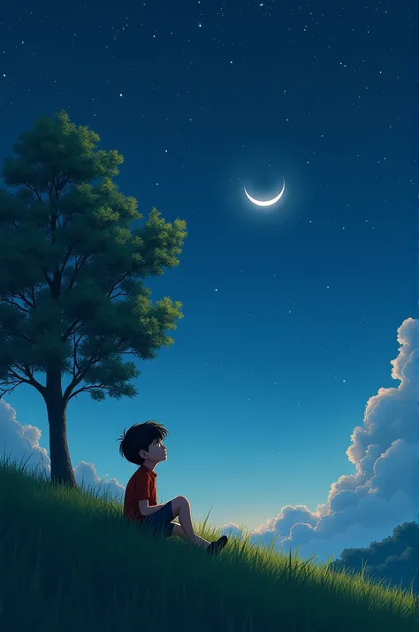 Aboy sit in ahill and see moon and stars  and a tree 