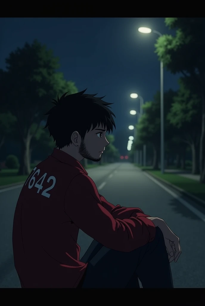 A boy with short with beard sitting sad with left side profile oh his body and wants some attention wears a red formal shirt with 7642 written on it and the background should a empty night road with some street light and trees