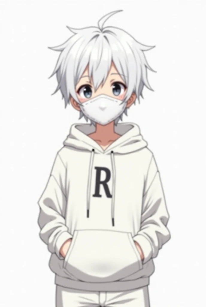 A boy in white hoodie with white pant anime adult written r in black colour in hoodie white hair with white mask with smile face