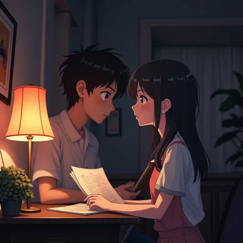 A beautiful girl studying in her study room in anime style  at night ... She is sitting beside lamp.... Her side profile ... A boy is sitting in front of her looking at her passionately