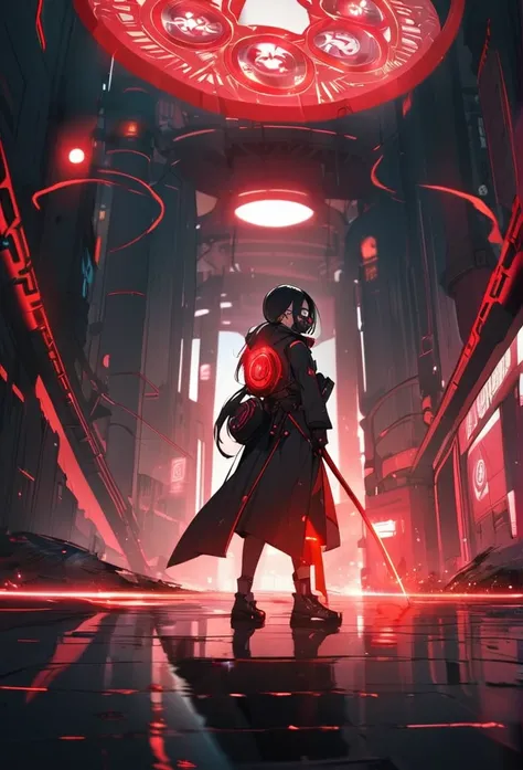 A woman,matured, perfect anatomy, cyberpunk gas mask,long pony tail hair(black hair),red aura,red magic circle,long samurai sword, cinematic lighting, cinematic angle,