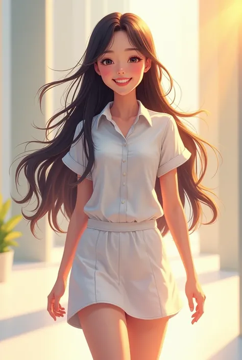 A Thai female woman with long hair Wear a white university uniform. she make a happy face, smile happily. and act happy pose