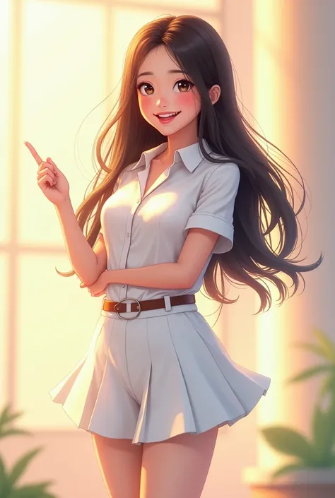 A Thai female woman with long hair Wear a white university uniform. she make a happy face, smile happily. and act happy pose