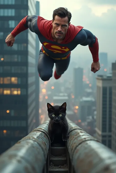 a very cool and muscular superhero similar to young Brad Pitt flies to save very small scared black kitten stuck in the drainpipe on the roof at the great height of a skyscraper at a great height and cant get free