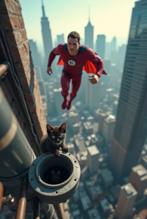 a very cool and muscular superhero similar to young Brad Pitt flies to save very small scared black kitten stuck in the drainpipe on the roof at the great height of a skyscraper at a great height and cant get free