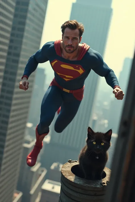 a very cool and muscular superhero similar to young Brad Pitt flies to save very small scared black kitten stuck in the drainpipe on the roof at the great height of a skyscraper at a great height and cant get free