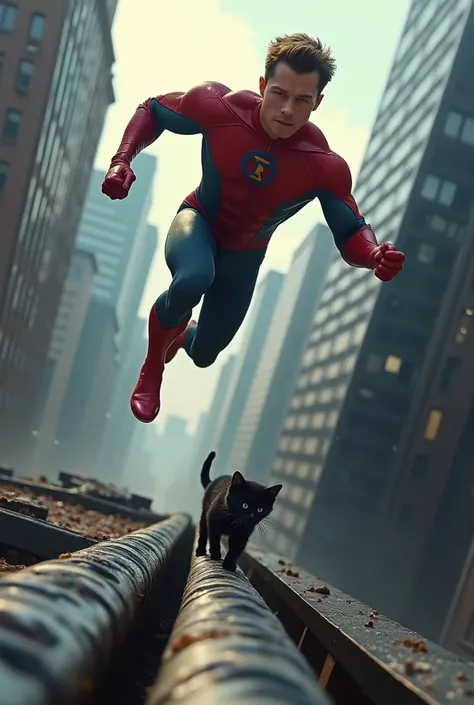 a very cool and muscular superhero similar to young Brad Pitt flies to save very small scared black kitten stuck in the drainpipe on the roof at the great height of a skyscraper at a great height and cant get free