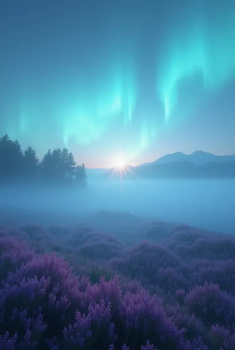 A blooming heather field is drowning in pre-dawn mist, the eastern horizon brightens, the sun has not risen yet, a ribbon of polar lights dances in the sky, in the pre-dawn sky and through the aurora borealis the stars are visible as pale dots, high above ...