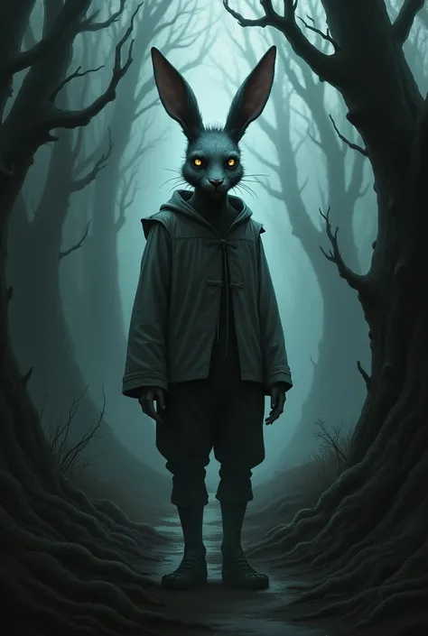 Evil sexy bunny in a spooky forest. wearing modest clothes