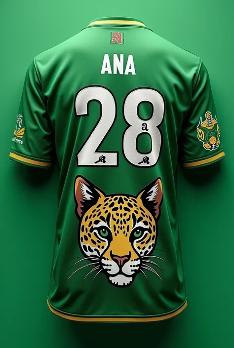 Create the back of a sports jersey where the color is green with an ocelot behind the player&#39;s number and underneath the name Ana