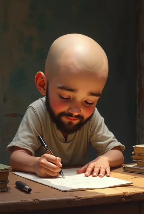 A small beard bald boy writing stories