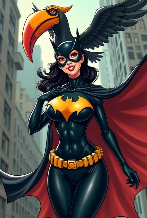 A hot curvy girl wearing batwoman costume and has a real hornbill bird sitting on her head. Make it cartoony 