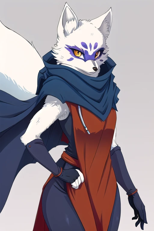 alopex, arctic fox, furry, blue marks face, tmnt, orange eyes, girl1, solo, cape, cloak, kunoichi outfit, best quality, masterpi...