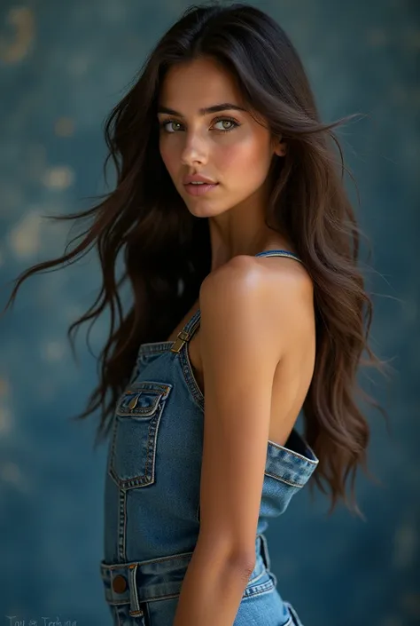 Masterpiece, Best Quality, 1 Girl, Brunette Hair, Bare Shoulders, Long Hair, Dress, Denim Shot, Dynamic Pose, Dynamic Angle,