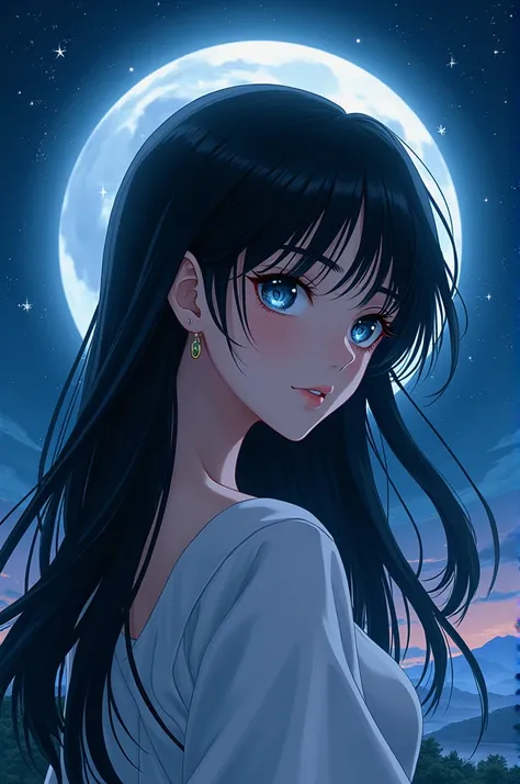 Black hair anime girl under the moon