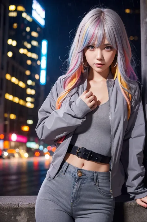 Portraiture, 1 girl, Beautiful Face, Asymmetrical hair, Multi-coloured hair, belt, Bodysuits, Covered my mouth, Covered navel, Removable sleeves, Grey Eyes, Hip vents, Open jacket, cute, View the viewer, City of night, neon, Rainy,