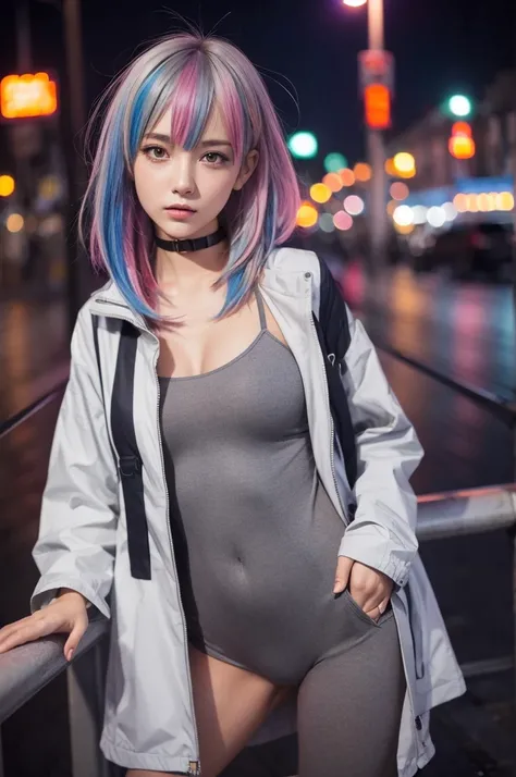 Portraiture, 1 girl, Beautiful Face, Asymmetrical hair, Multi-coloured hair, belt, Bodysuits, Covered my mouth, Covered navel, Removable sleeves, Grey Eyes, Hip vents, Open jacket, cute, View the viewer, City of night, neon, Rainy,