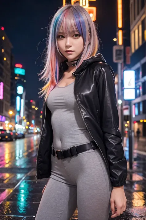 Portraiture, 1 girl, Beautiful Face, Asymmetrical hair, Multi-coloured hair, belt, Bodysuits, Covered my mouth, Covered navel, Removable sleeves, Grey Eyes, Hip vents, Open jacket, cute, View the viewer, City of night, neon, Rainy,