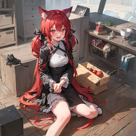 high resolution, masterpiece, detailed skin texture, long hair, twin tails, red hair, inner color hair, gray hair, cat ears, beast ears , blushing, slightly open mouth, showing teeth in a smile, awkward, upturned eyes, furrowed brows, expressions, shy, spa...