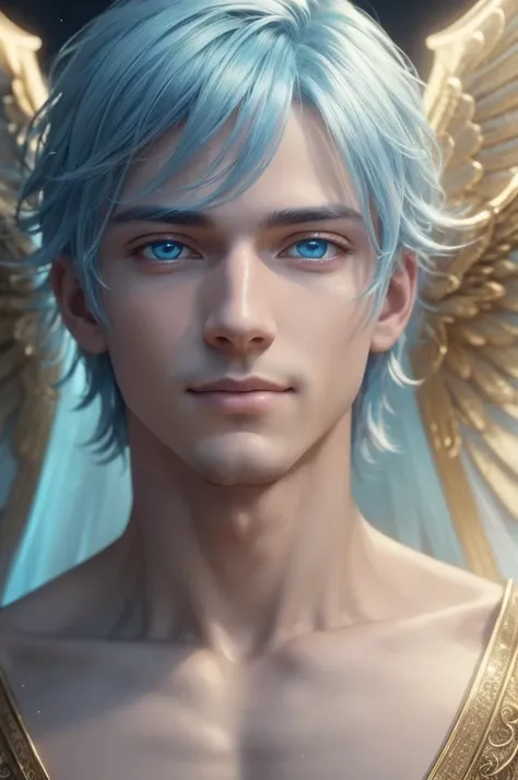 a male angel with light blue hair,bright golden eyes,perfect smile,average build,detailed eyes and face,extremely detailed skin,delicate facial features,heavenly atmosphere,cinematic lighting,intricate angelic wings,glowing aura,serene expression,masterpie...